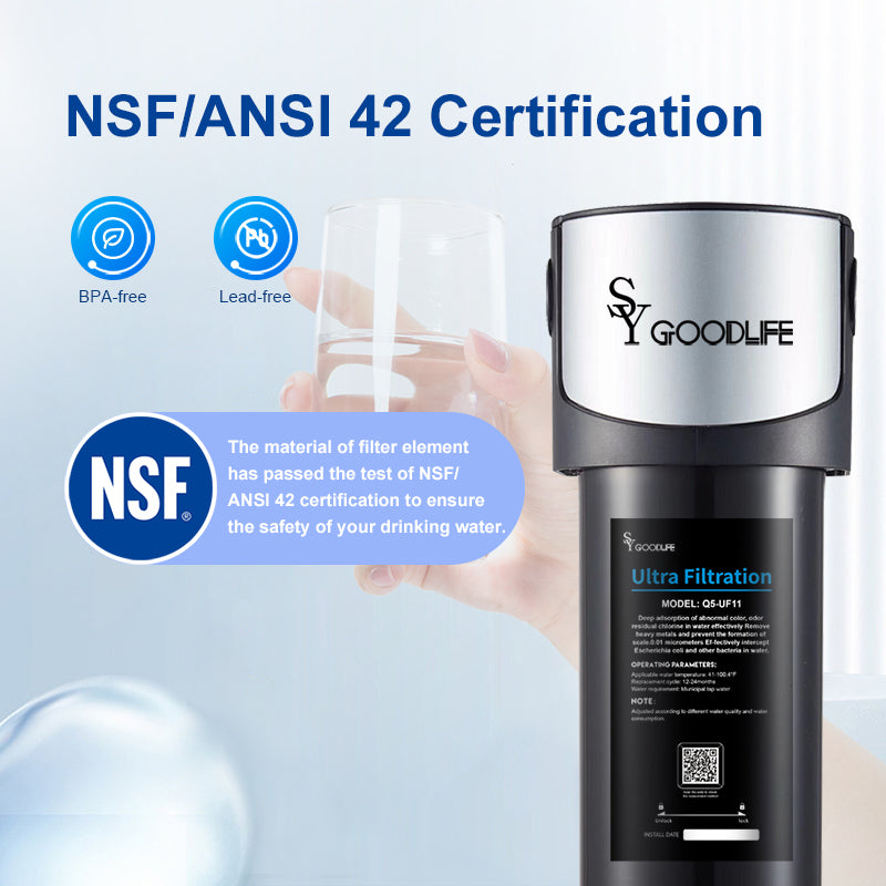 فلتر مياه فائق الجودة Q5-UF11-NSF/ANSI 42&amp;53، 0.01 ميكرون، معتمد، نظام ترشيح مياه تحت الحوض، استبدال سريع في 3 ثوانٍ. يقلل من المعادن الثقيلة والكلور والطعم والرائحة الكريهة. 