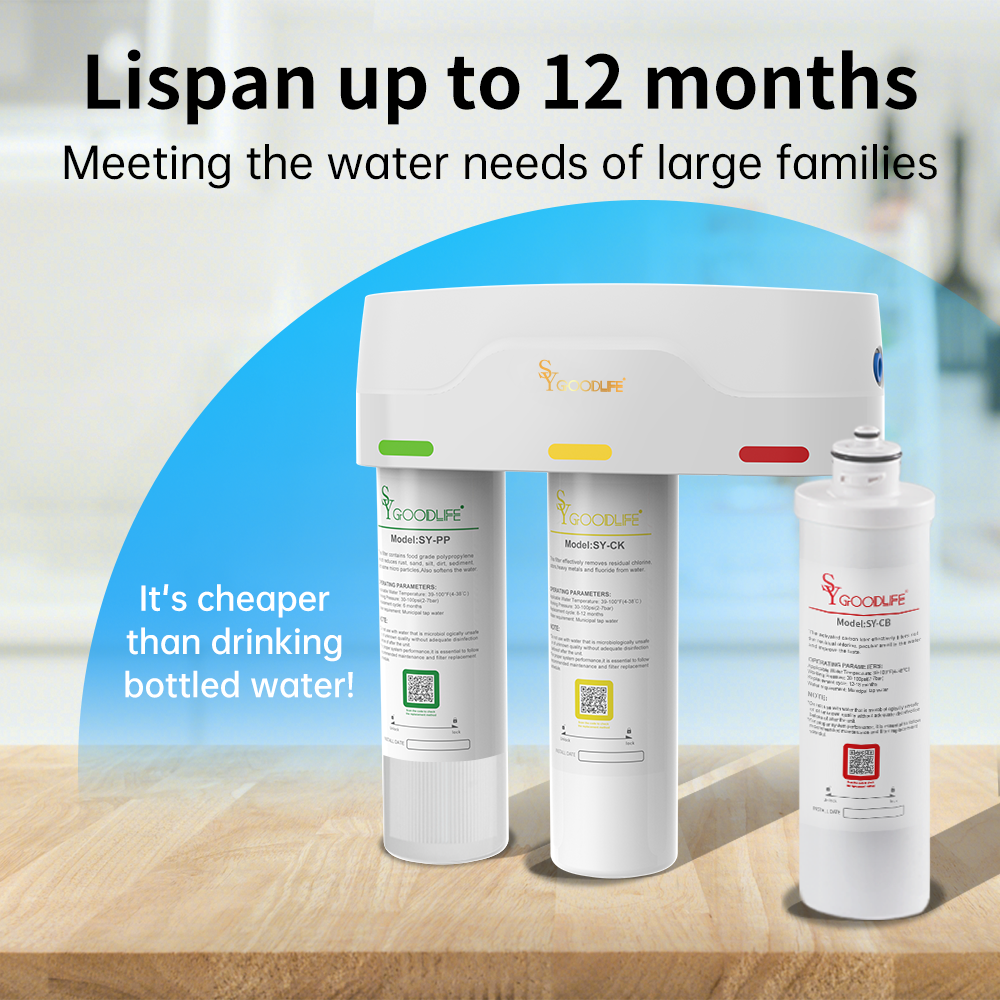 SYGOODLIFE 3-Stage Filtration Under Sink Water Filter,Reduces Fluoride,Chlorine,Bad Taste&Odor,and Some Heavy Metals