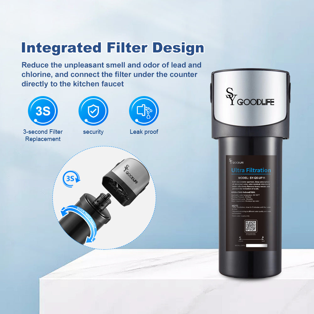 Q5-UF11 NSF/ANSI 42&53 Certified 0.01 Micron Ultra Water Filter,Under Sink Water Filtration System, 3 Seconds Replacement. Reduce Heavy Metals, Chlorine, Bad Taste & Odor