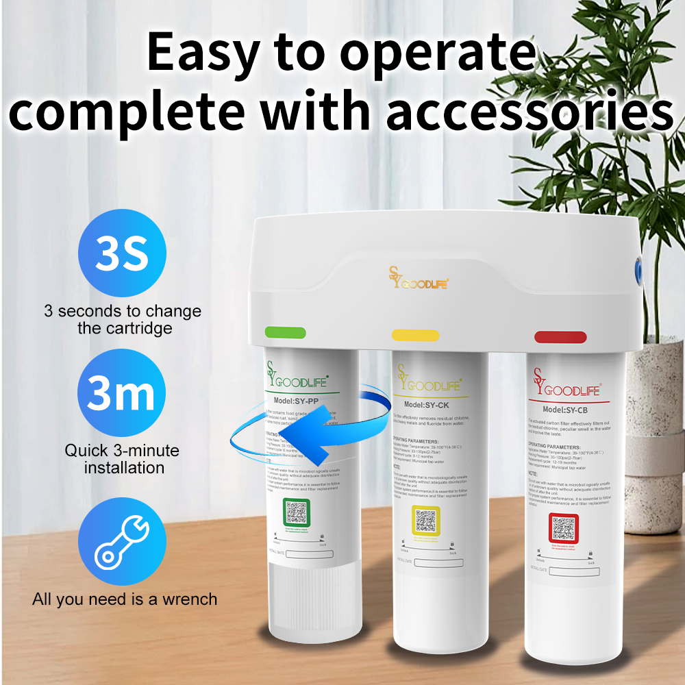 SYGOODLIFE 3-Stage Filtration Under Sink Water Filter,Reduces Fluoride,Chlorine,Bad Taste&Odor,and Some Heavy Metals